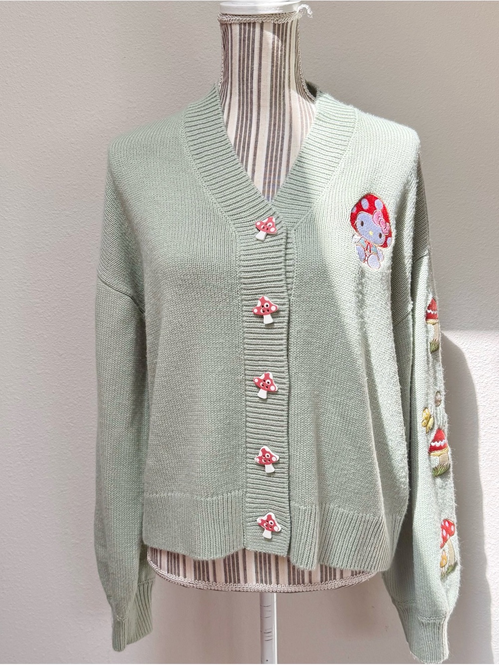 Hello Kitty Mushroom Cardigan Sage Green Kawaii Fairy Grunge Sanrio Hot Topic - Picture 2 of 7